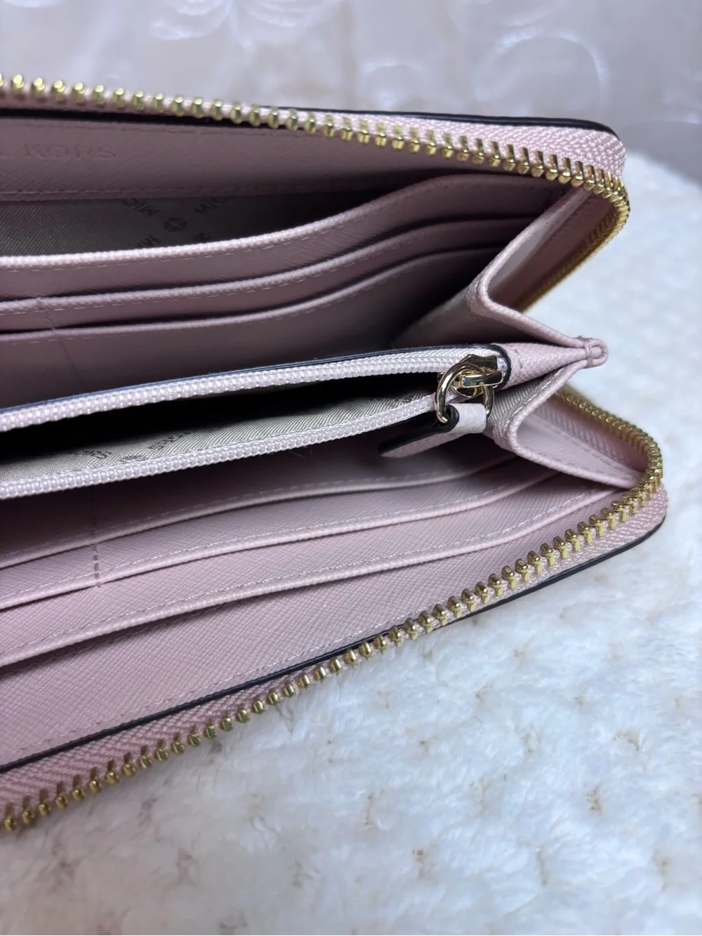 Michael Kors Pale Pink Pebbled Leather Zip-Around Wallet with Gold Logo